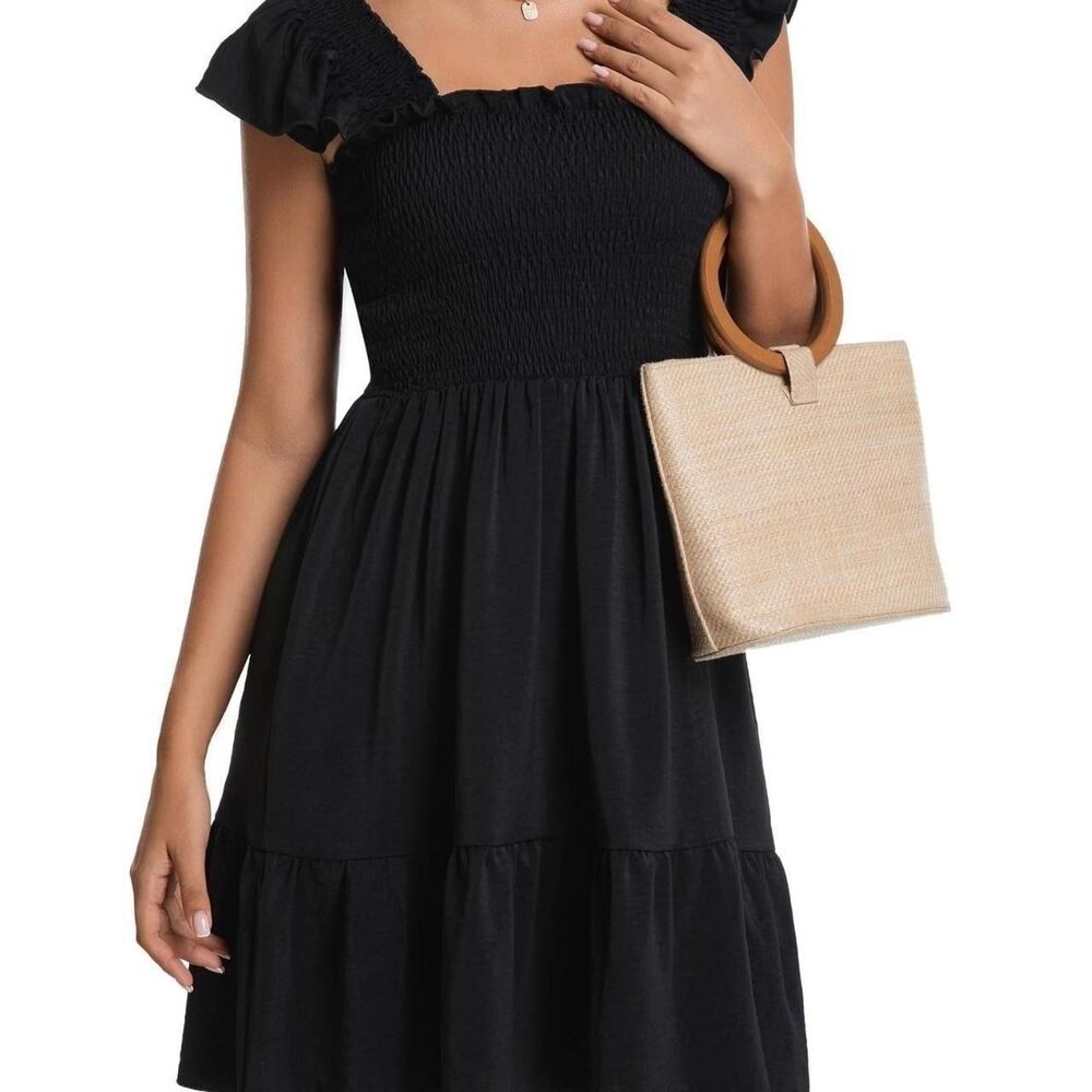 DHDZO Casual Ruffle Cap Sleeve Square Neck Backless Short Sundress Size Small
